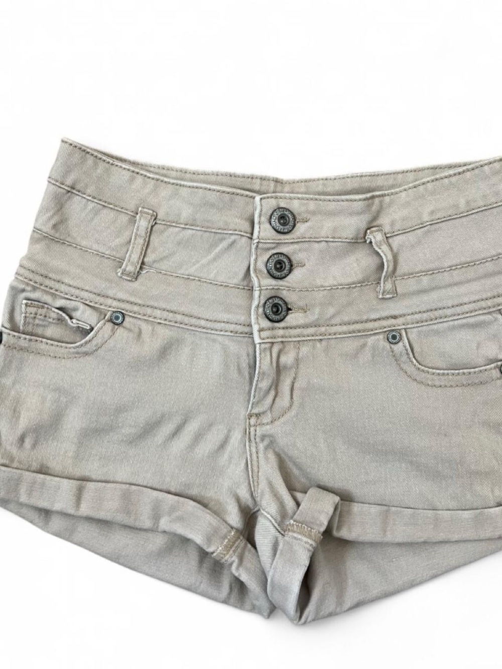 High-Waist Button Fly Denim Shorts in Light Taupe